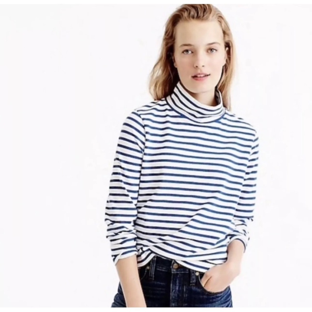 J.Crew Sailor Stripe Funnelneck Top Large Blue White 100% Cotton Turtleneck